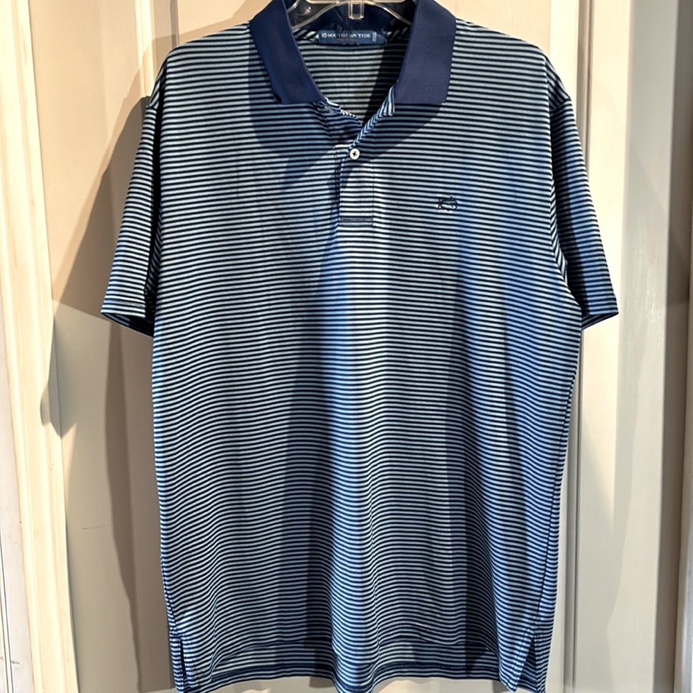 Southern Tide Men's L Tide to Trail Blue & White Striped Jersey Knit Polo Shirt